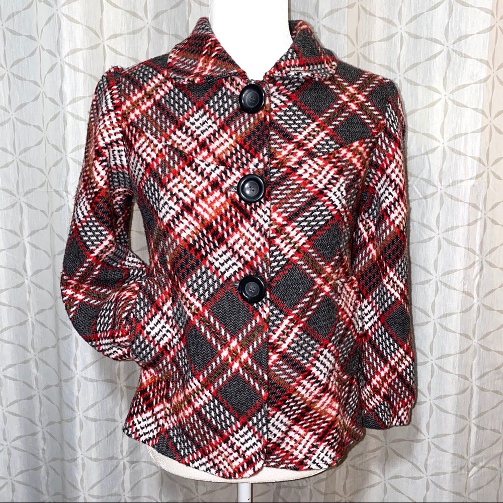 Plaid Jacket Wool Blend, Black, Red, Grey Tweed